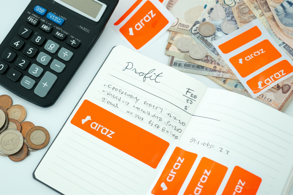 Calculator and notes showing Daraz selling fees and profit calculations in Sri Lankan rupees