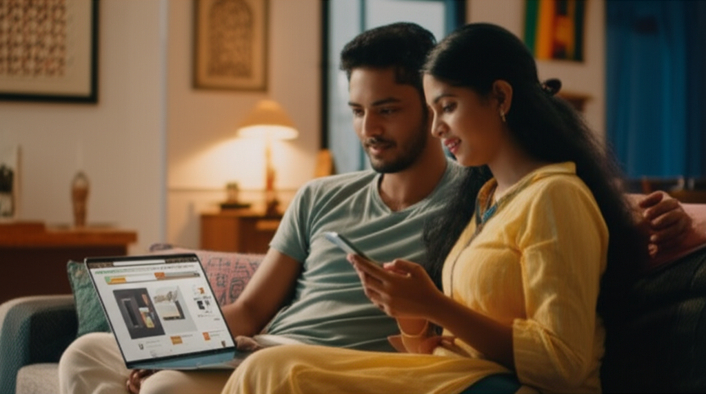 Sri Lankan couple shopping trending categories on Daraz from home