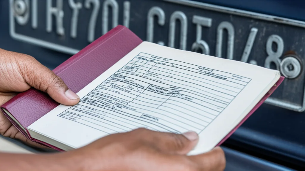 Hands holding a Sri Lankan vehicle registration book for verification.