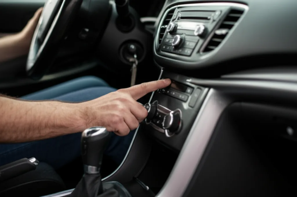 Checking the functionality of a used car's interior dashboard controls.