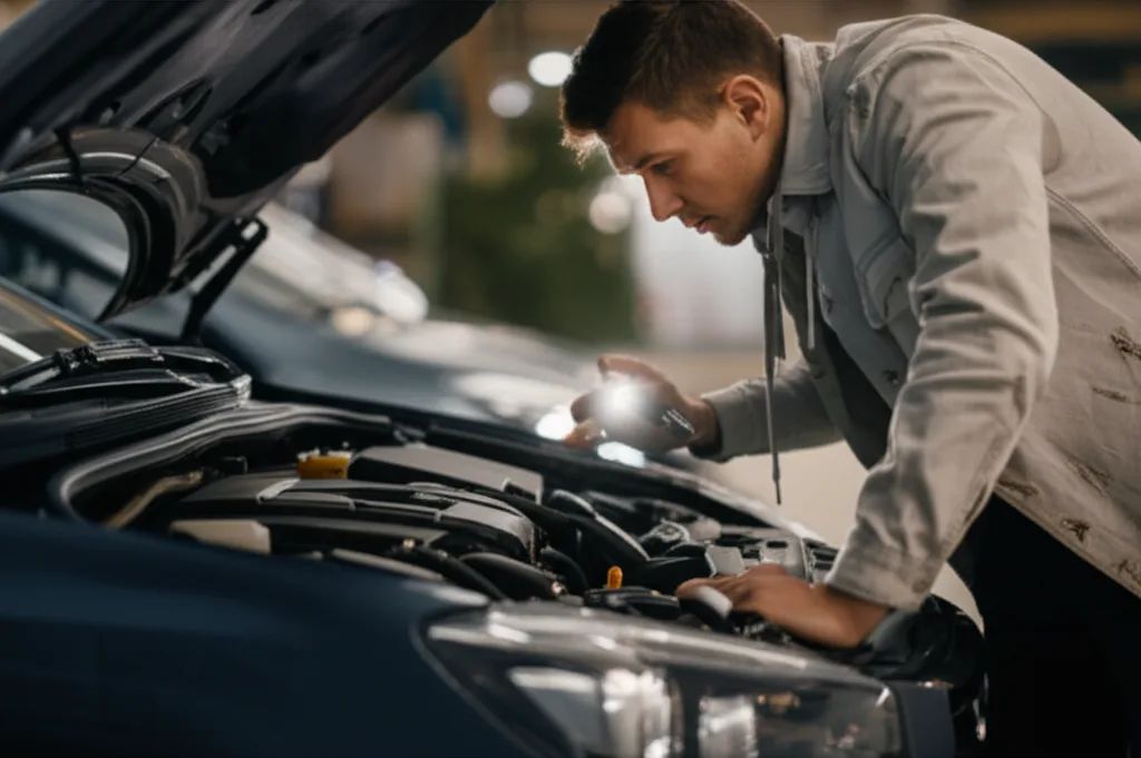 A person looking under the hood to inspect a used car's engine.