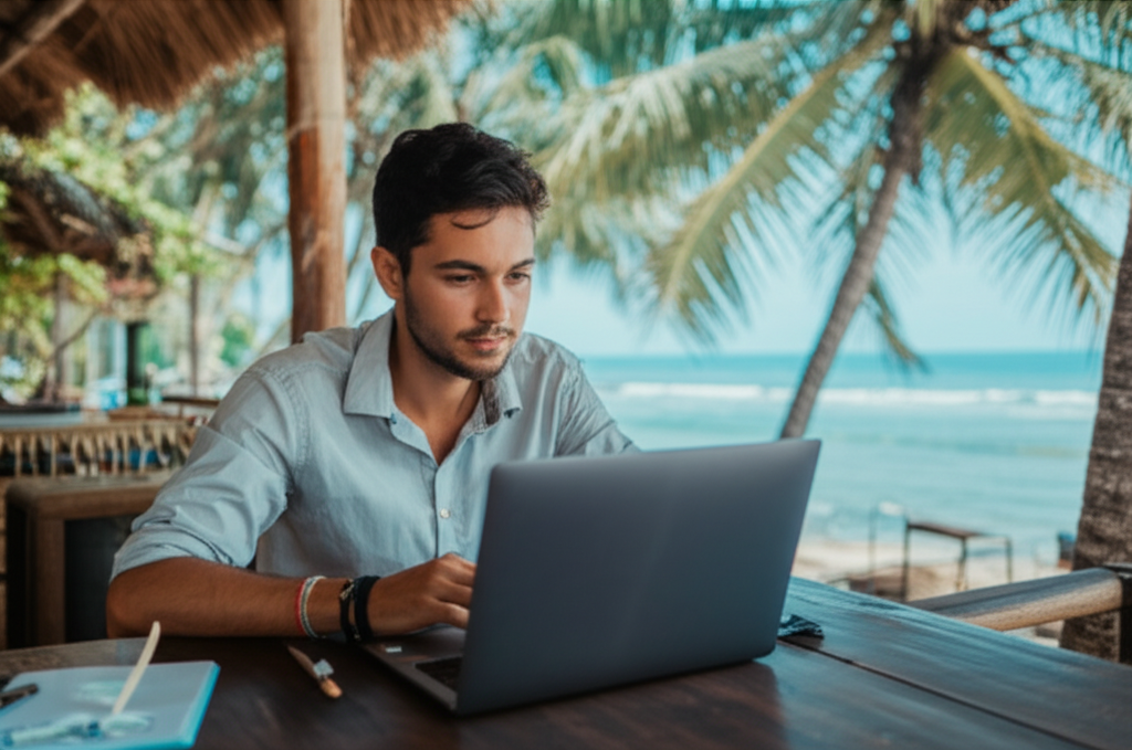 A digital nomad working remotely from a beautiful beachside location in Sri Lanka.
