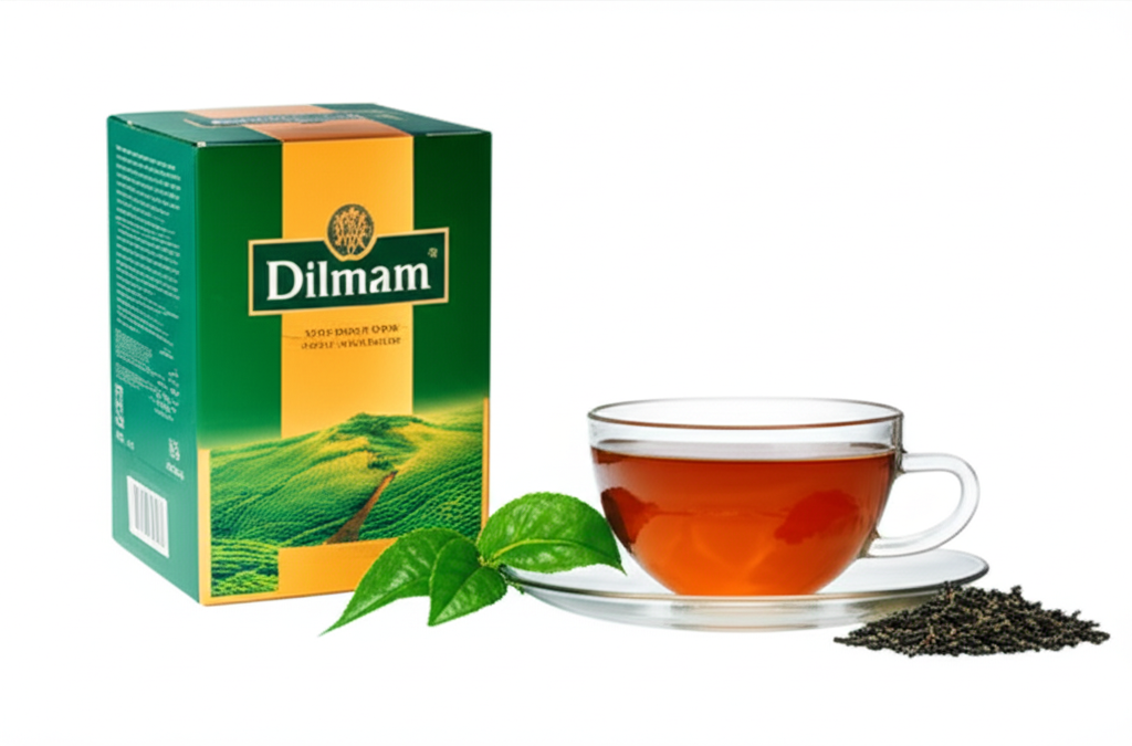 A modern presentation of a Dilmah tea box alongside a freshly brewed cup.