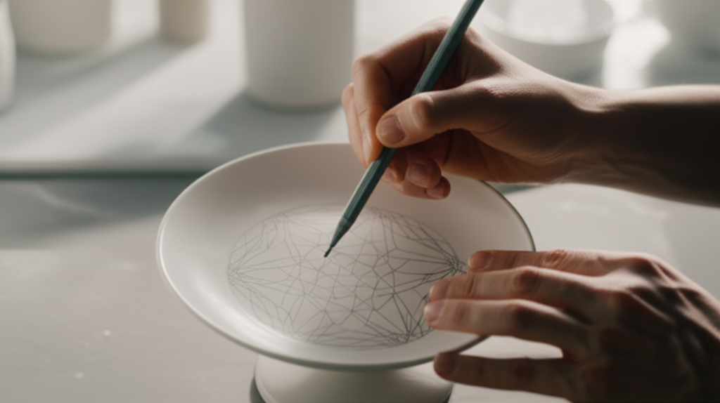 A designer crafting a new, innovative pattern for a Dankotuwa Porcelain plate.