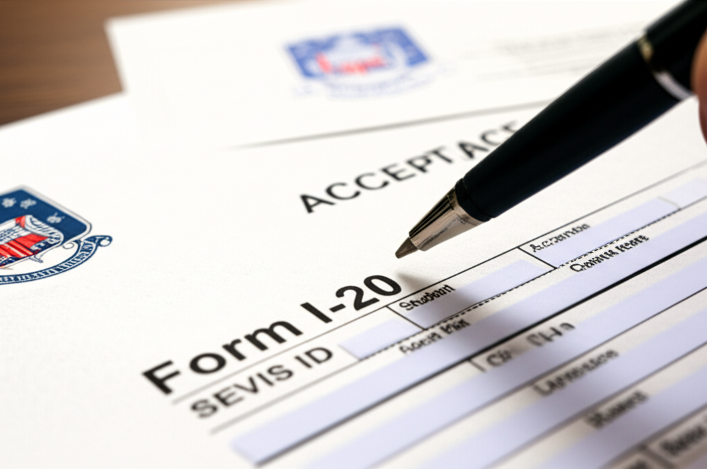 Close-up of the Form I-20, a crucial document for the F-1 student visa.
