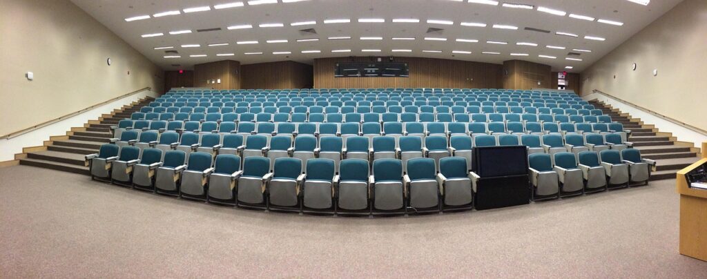 An empty university lecture hall in Sri Lanka, symbolizing the brain drain of educated youth.