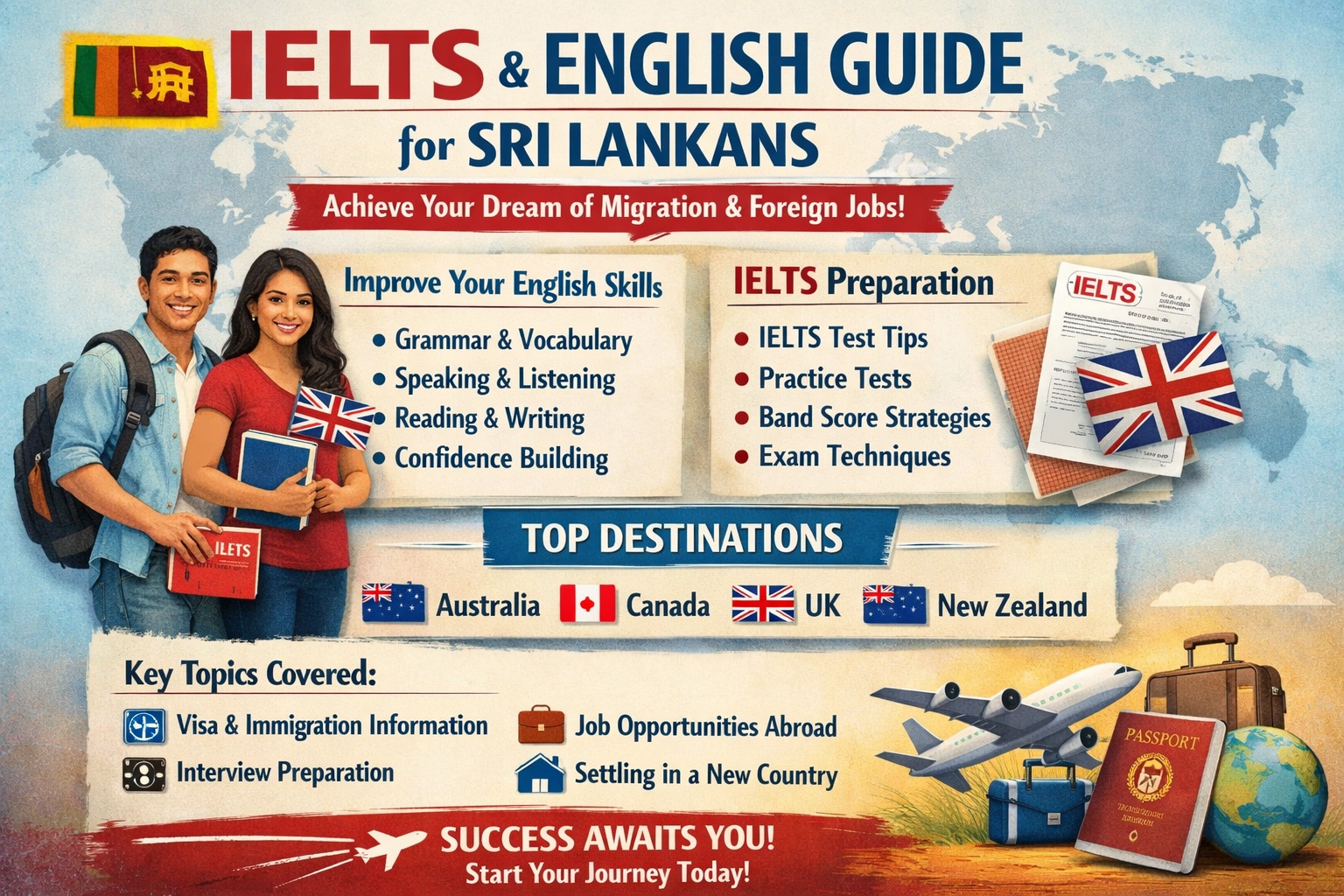 IELTS and English improvement guide for Sri Lankans targeting migration or foreign jobs.