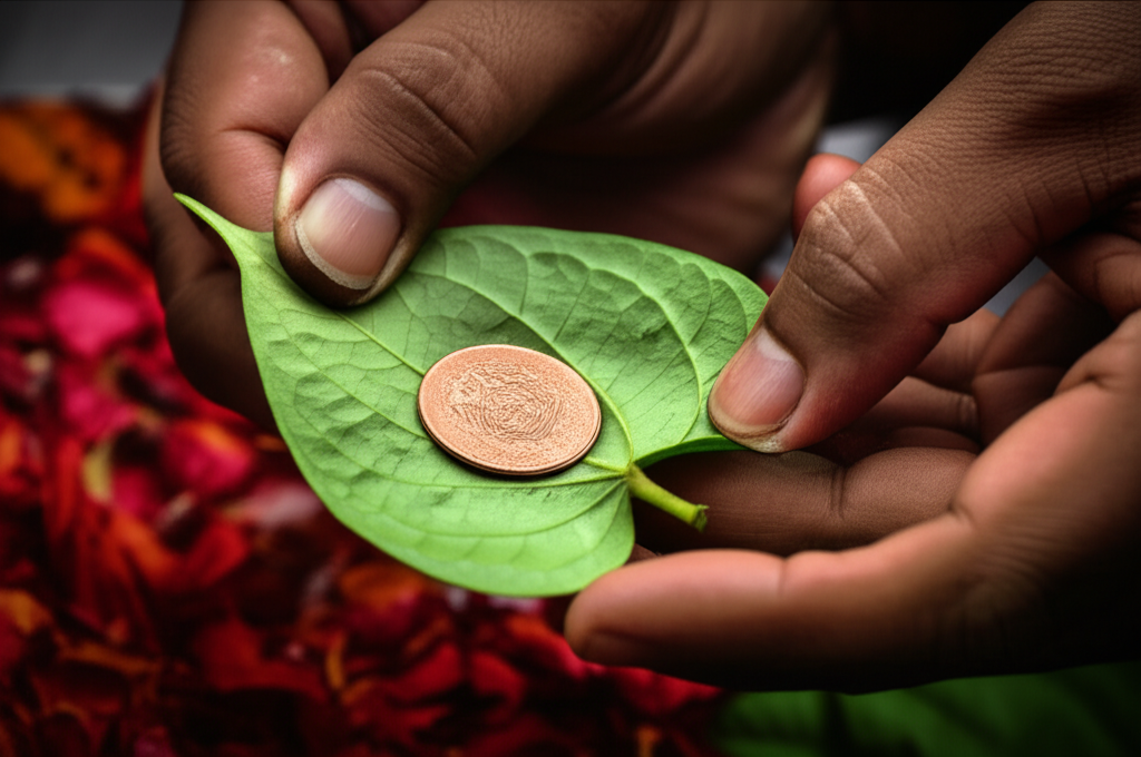 The Sri Lankan New Year tradition of 'Ganu Denu', exchanging money wrapped in a betel leaf.