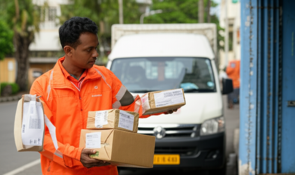 Courier collecting packed online orders from a Sri Lankan small business for delivery