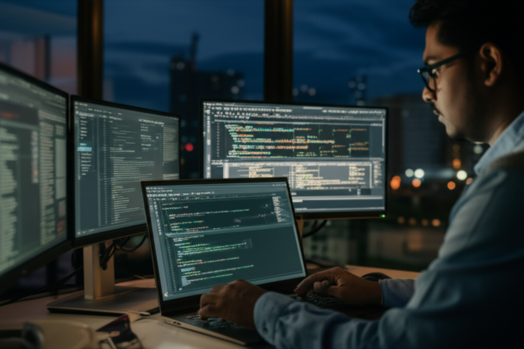 Sri Lankan software developer coding on a laptop in a modern tech office