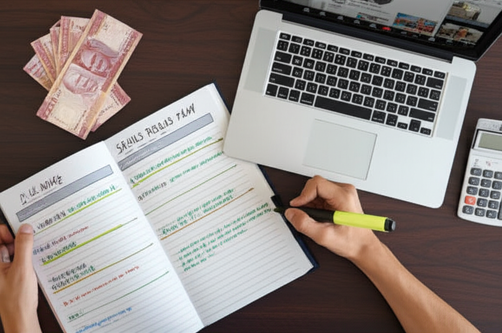 Desk with a learning roadmap, laptop, and Sri Lankan rupee notes representing a skills and income plan
