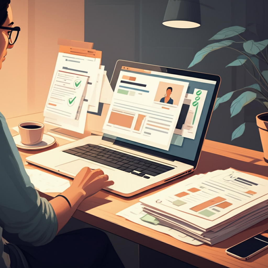 Job seeker browsing remote job listings and preparing tailored applications at a tidy desk