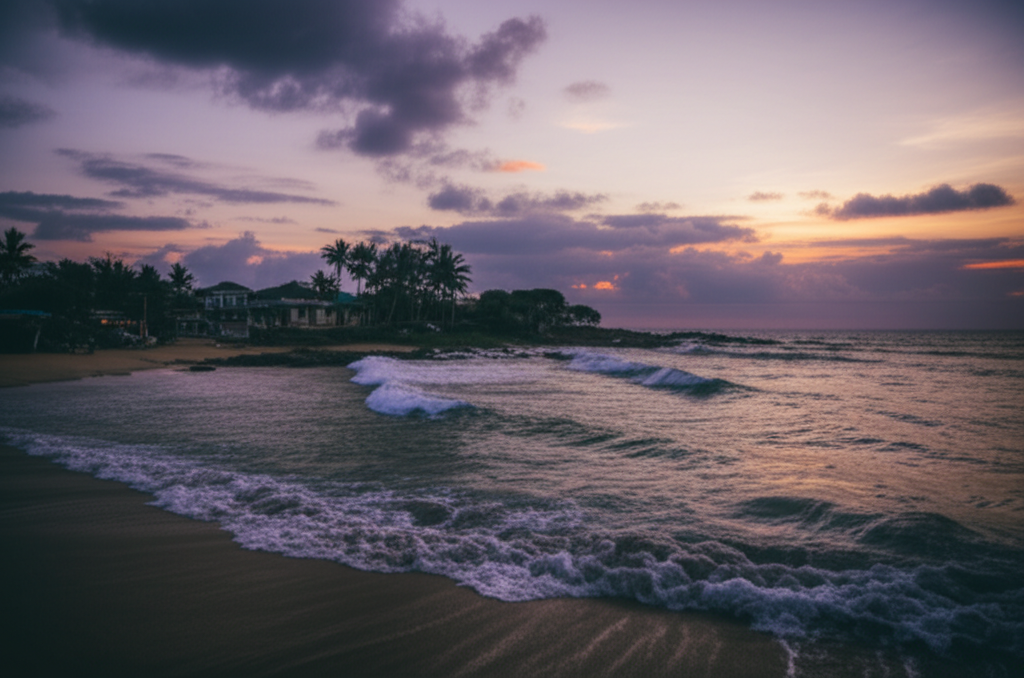 Quiet surf beach on Sri Lanka’s south coast with dramatic off-season sky