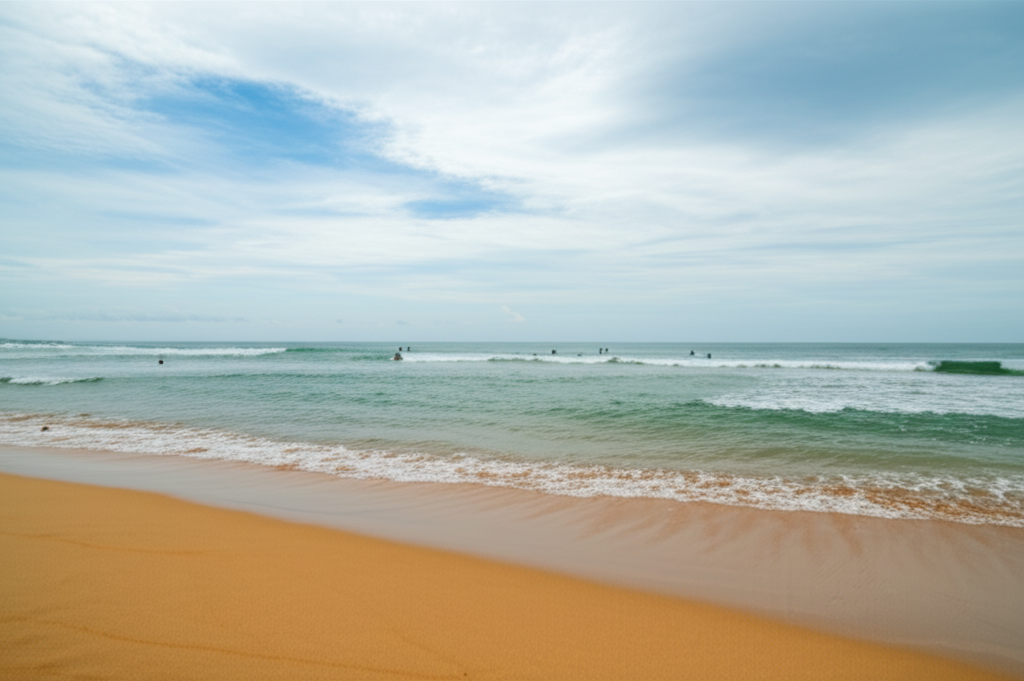 Lightly visited beach on Sri Lanka’s east coast with a few surfers in the water