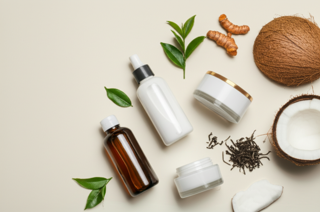 Local Sri Lankan skincare products with tea, turmeric, and coconut ingredients on a clean background