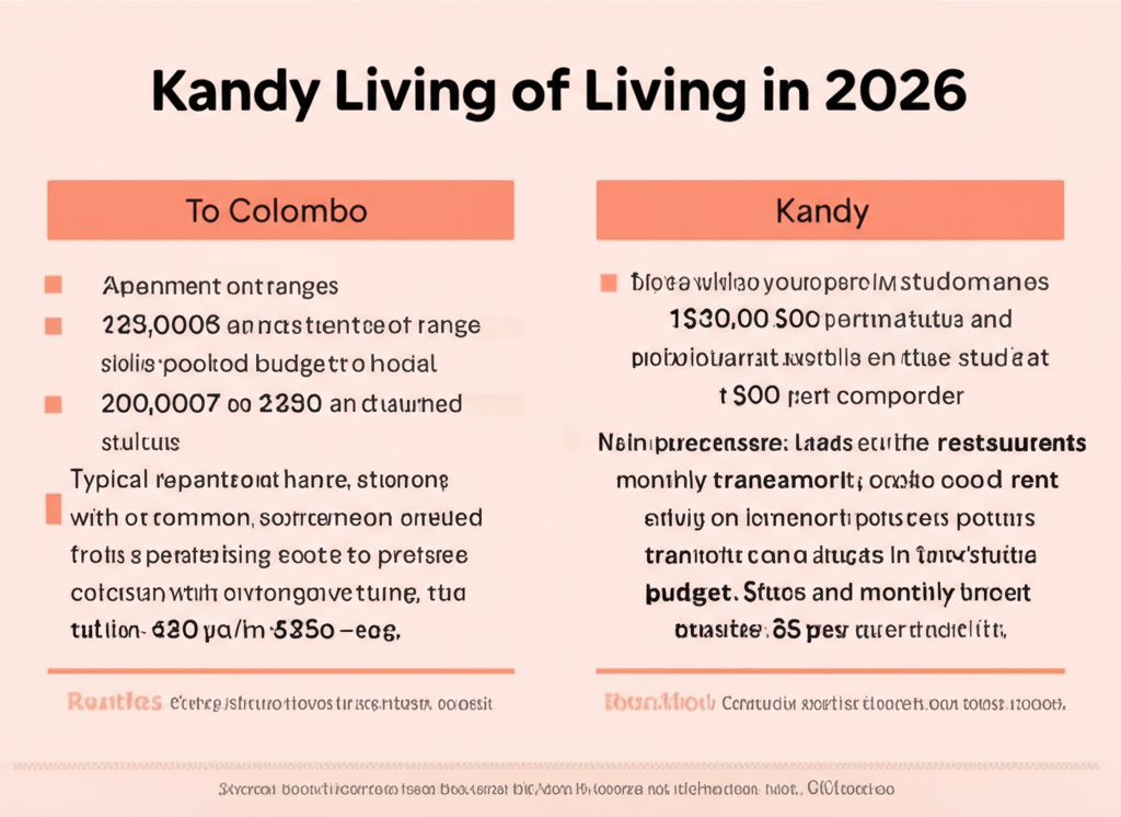 View over Kandy city with residential buildings, market stalls, and buses showing local lifestyle costs