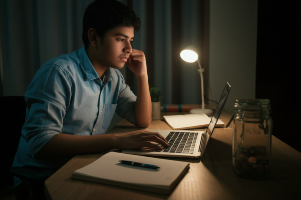 Young Colombo worker doing side income work at night while tracking savings and expenses