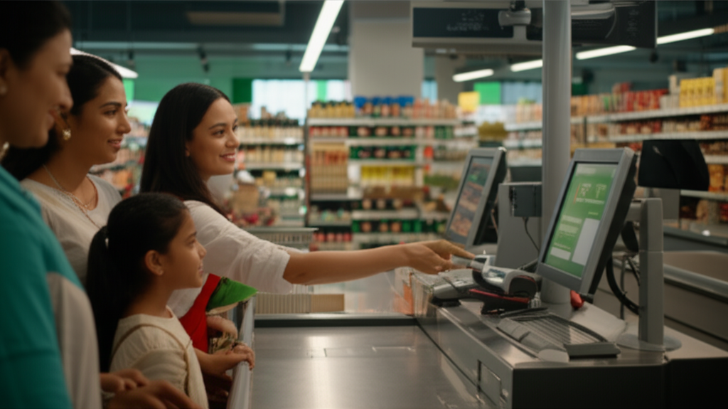 Sri Lankan family redeeming supermarket loyalty points at the checkout counter