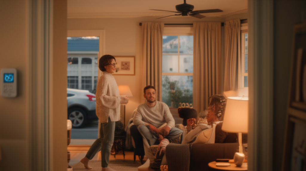 Family staying cozy at home with smart thermostat, ceiling fan, and curtains to reduce heating and fuel use