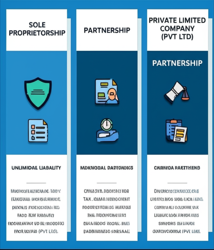 Diagram comparing sole proprietorship, partnership, and private limited company structures for Sri Lankan small businesses