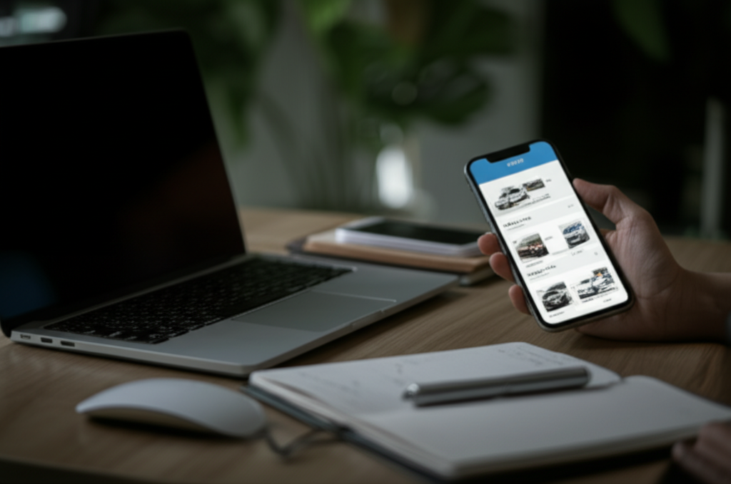 A person sitting at a desk and researching used car prices online.