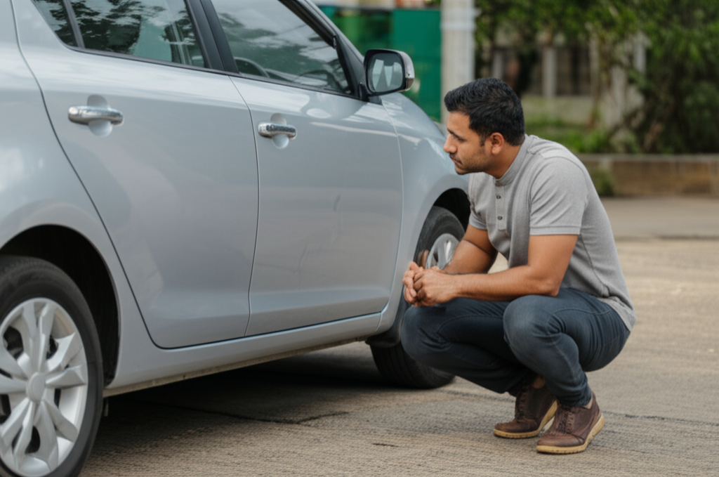 A person inspecting the side of a used car for dents and scratches.
