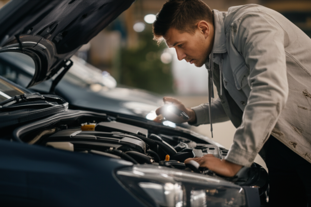 A person looking under the hood to inspect a used car's engine.