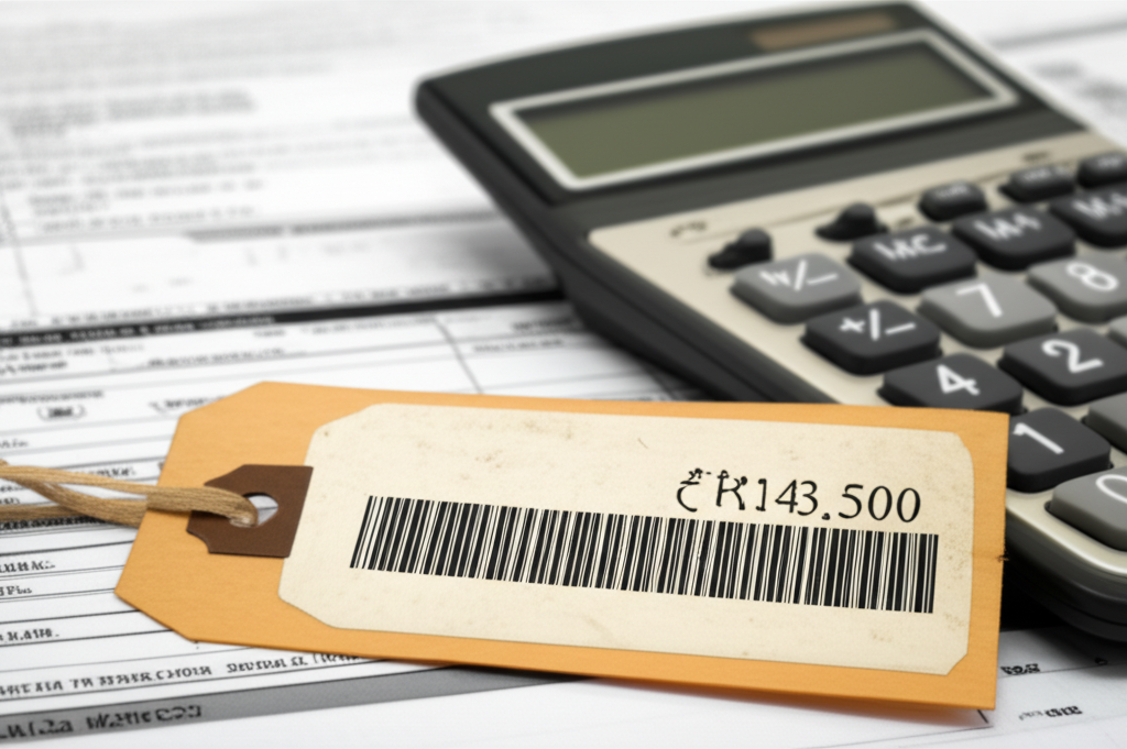 A calculator and tax forms next to a car's price tag, illustrating the costs of buying an EV in Sri Lanka.