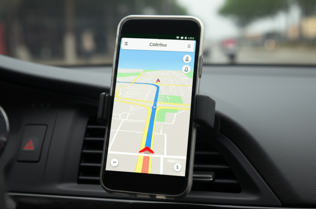 A smartphone showing a fuel-efficient route on a navigation app.
