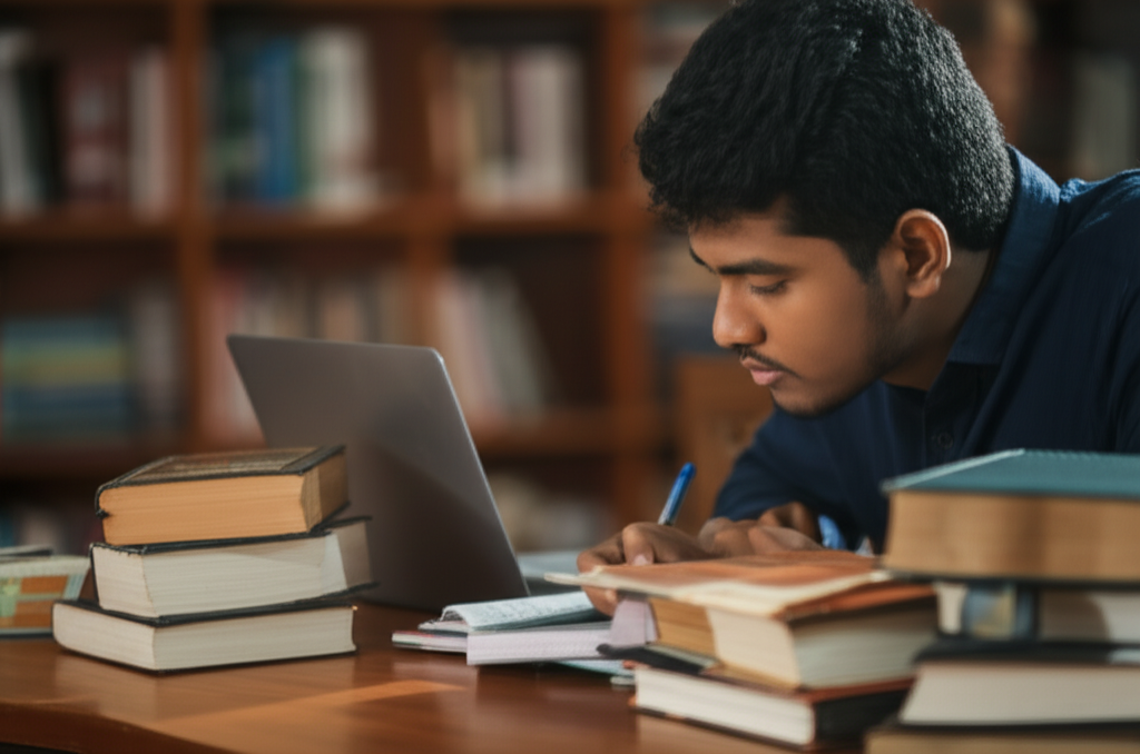 An A/L student studying intently in a library, symbolizing the path to higher education.