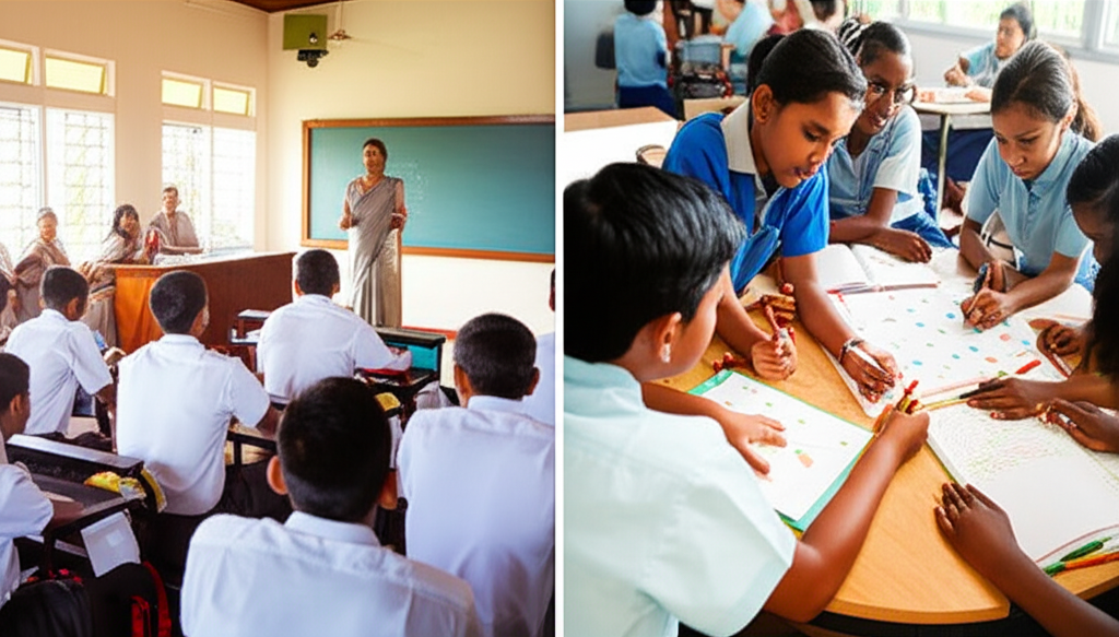 A comparison of a traditional Sri Lankan classroom and a modern international school classroom.