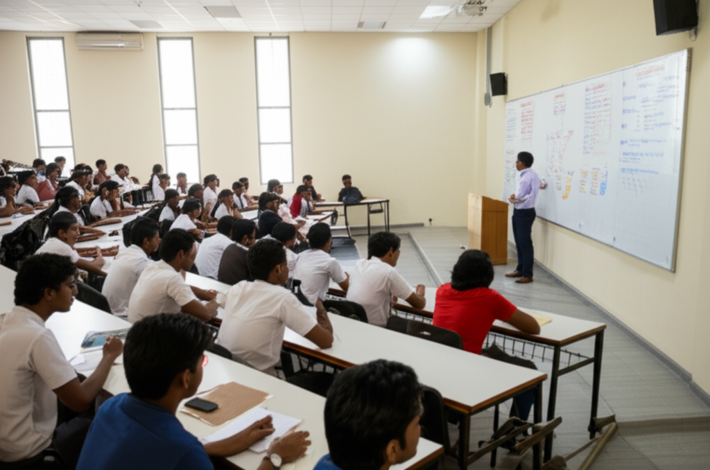 Students attending a popular physical tuition class for their A/L examinations in Sri Lanka.