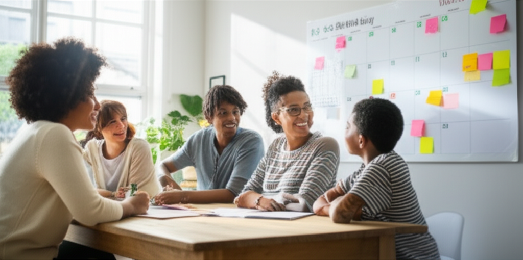 A family sitting together at a table, happily discussing plans with a calendar.