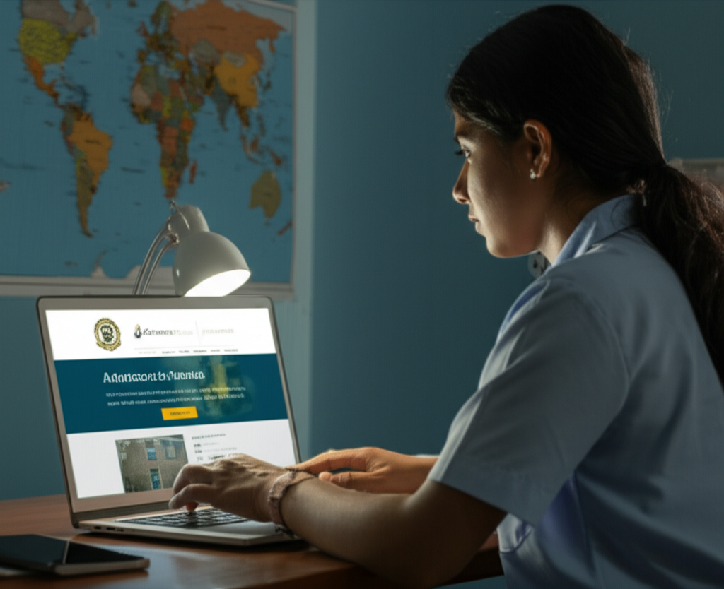 A Sri Lankan student researching international university scholarship options on a laptop.