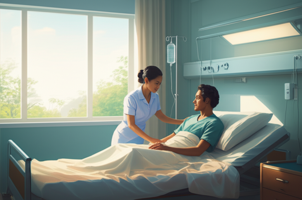 A patient resting comfortably in a modern, well-equipped private hospital room.