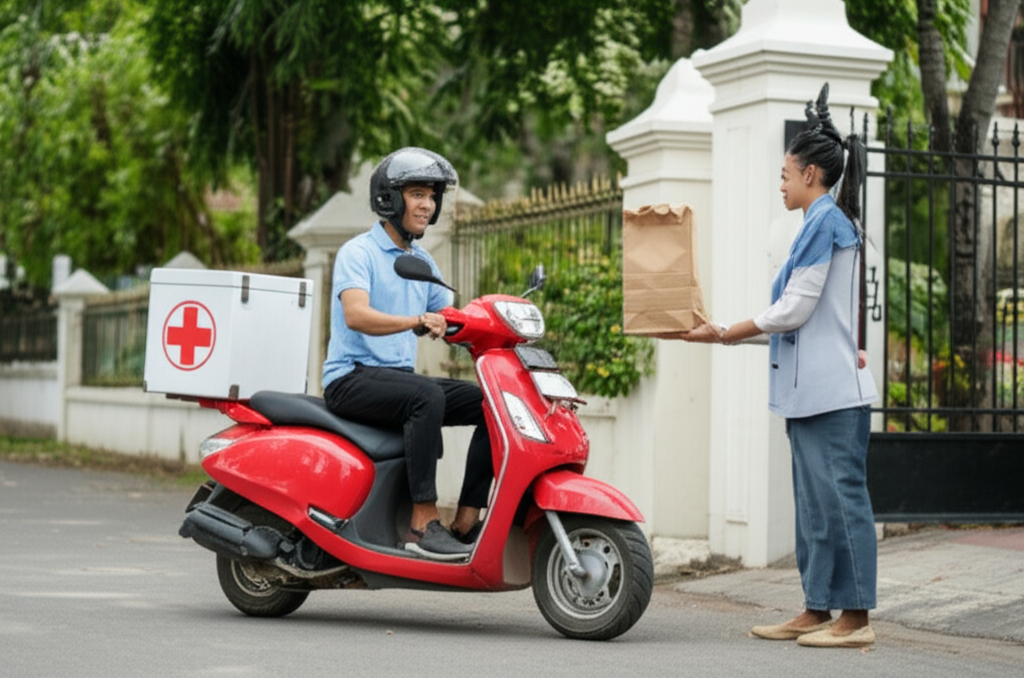 A pharmacy delivery person hands a package to a customer at their home in Sri Lanka.