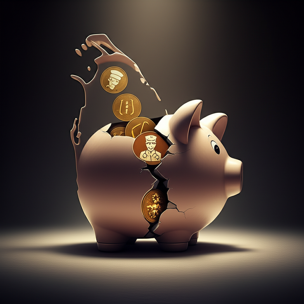 A piggy bank shaped like Sri Lanka, cracked and losing coins representing skilled workers, symbolizing economic loss.