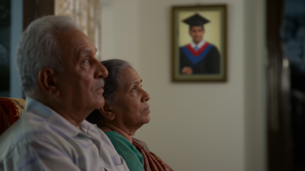 An elderly Sri Lankan couple feeling lonely as they look at a photo of their child who has moved abroad.