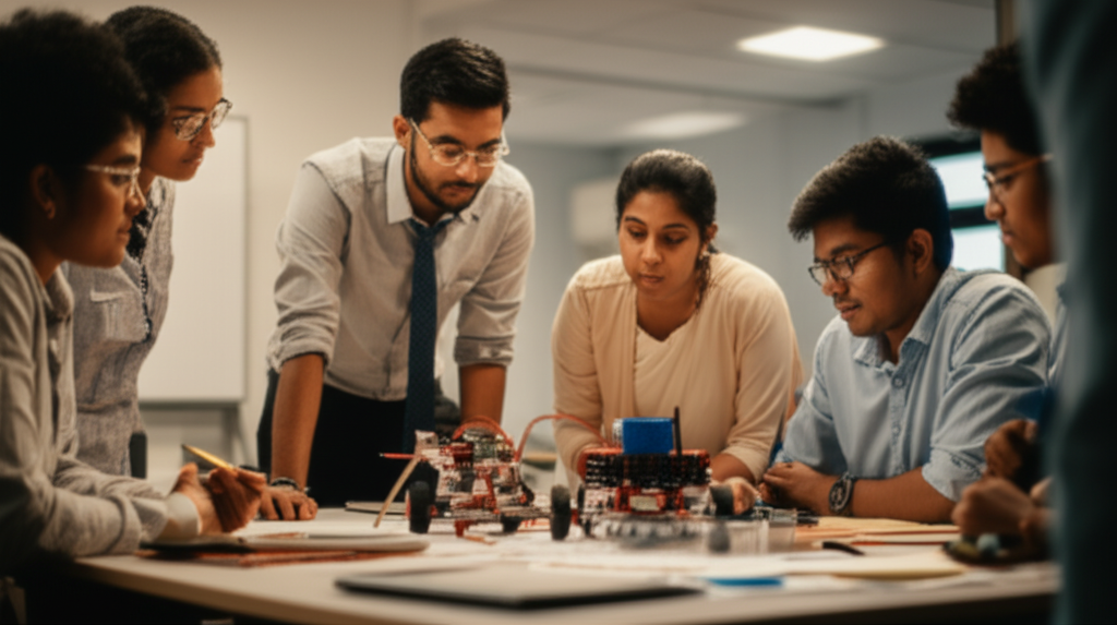 Hopeful young Sri Lankan professionals working together on a new innovation project, symbolizing a brighter future.