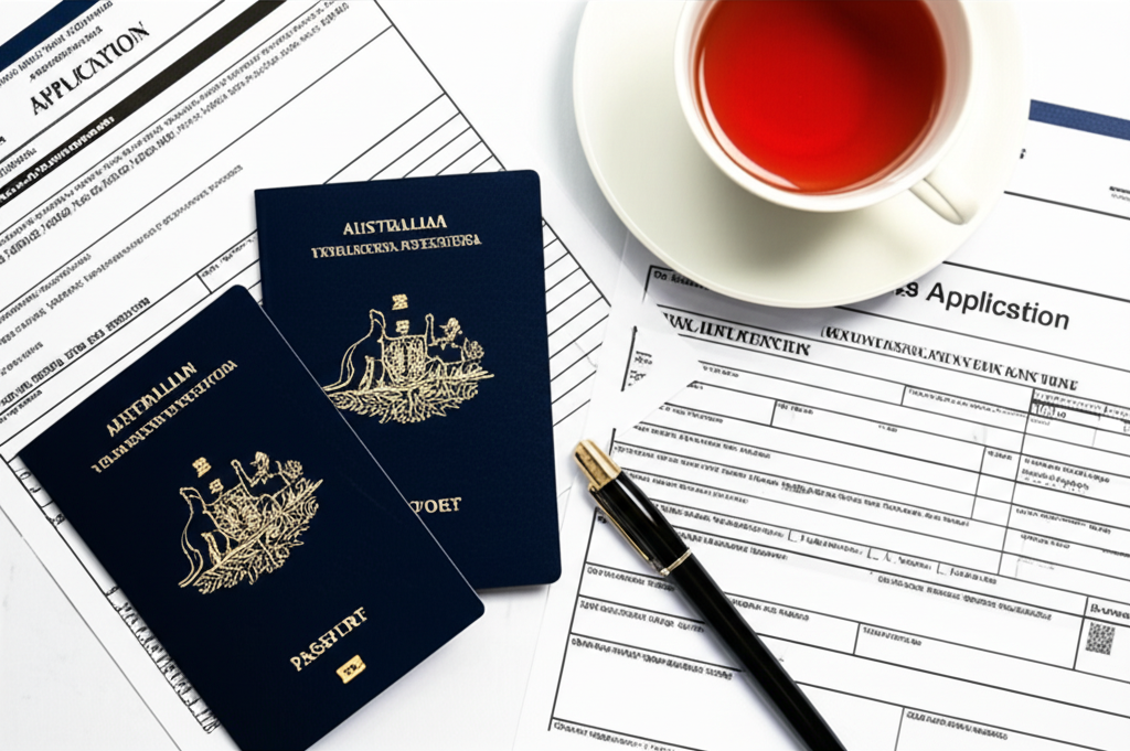 A collection of Australian visa application forms and a passport, representing the immigration process.
