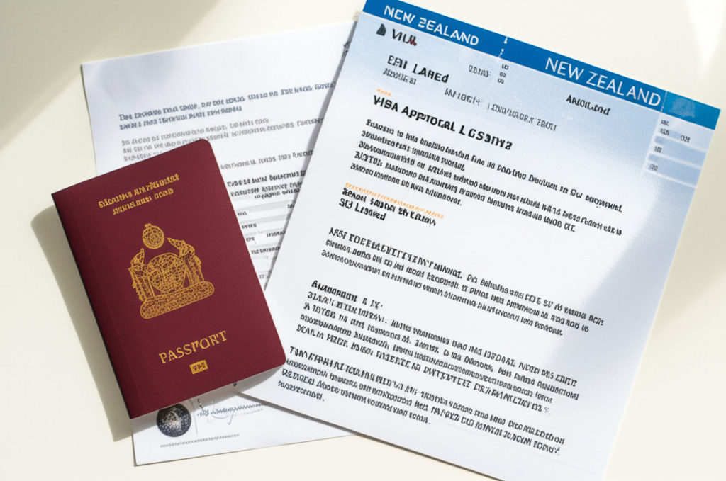 Sri Lankan passport next to New Zealand visa paperwork.