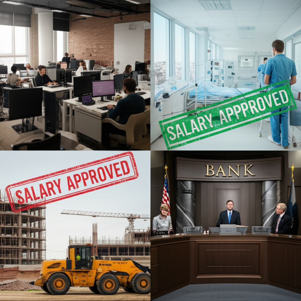 A group of professionals in a UK office, discussing the impact of salary thresholds on various industries.