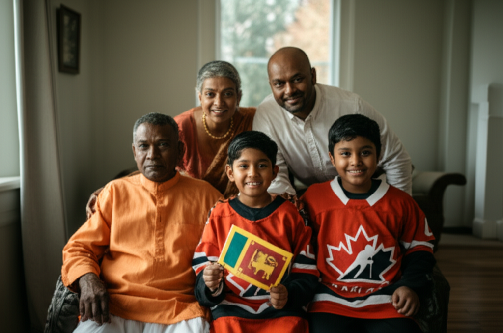 A three-generation Sri Lankan-Canadian family, symbolizing the blending of cultures and the formation of a new hybrid identity.