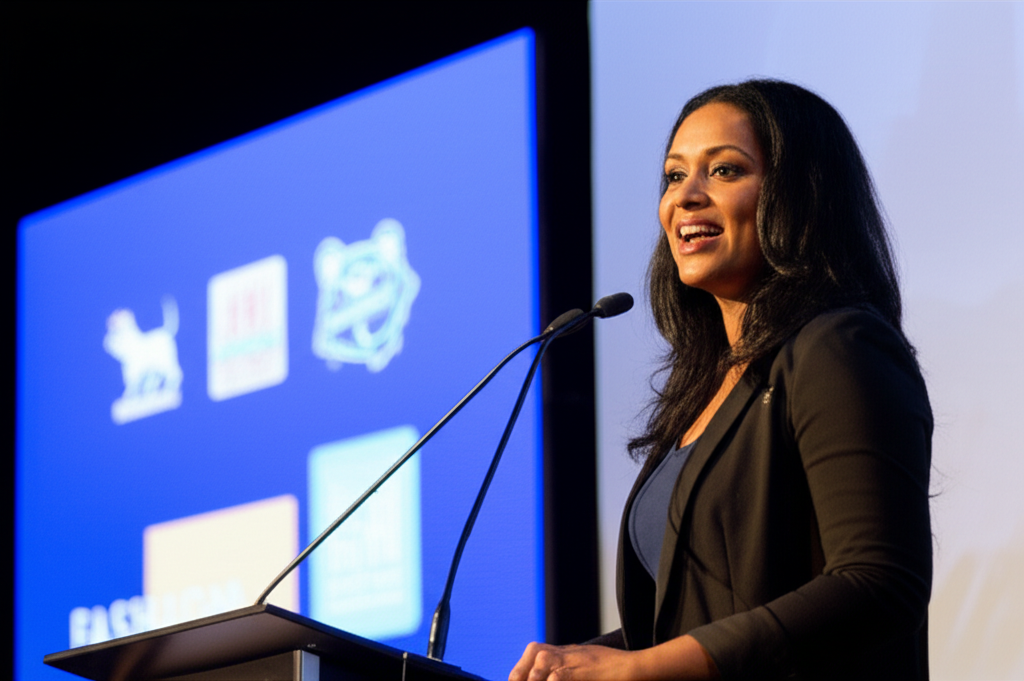 Otara Gunewardene delivering a speech, symbolizing her legacy in both business and philanthropy.