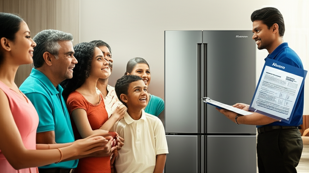 A family happily receiving a new appliance, made possible by Abans' financing options.