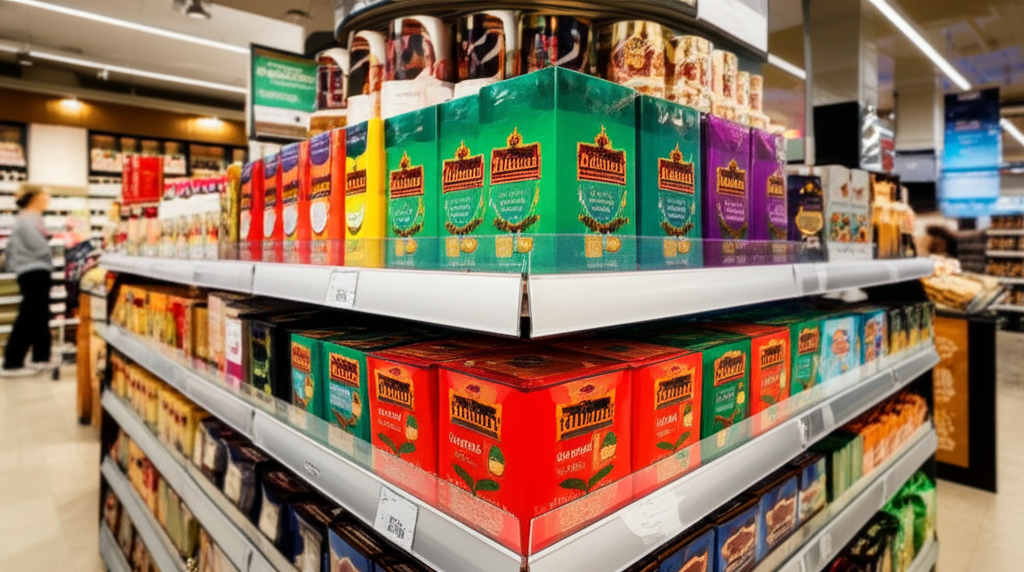 Dilmah tea products prominently displayed in an international retail store, signifying global success.