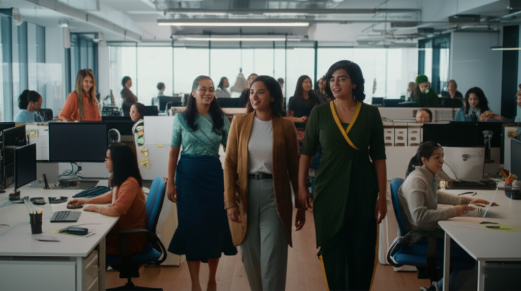 The diverse team of women hired by Niluka Jayasinghe, collaborating in their workplace.