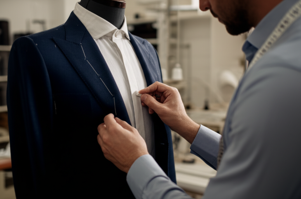 A tailor meticulously working on a bespoke suit, symbolizing the craft of Hameedia.