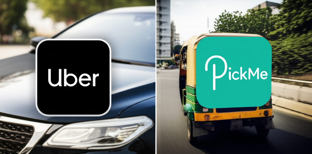 A visual comparison of the Uber and PickMe apps, symbolizing their competition in Colombo.