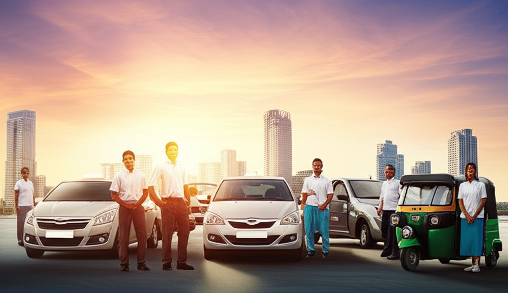 A group of empowered Sri Lankan ride-hailing drivers, representing the new economic opportunities created.